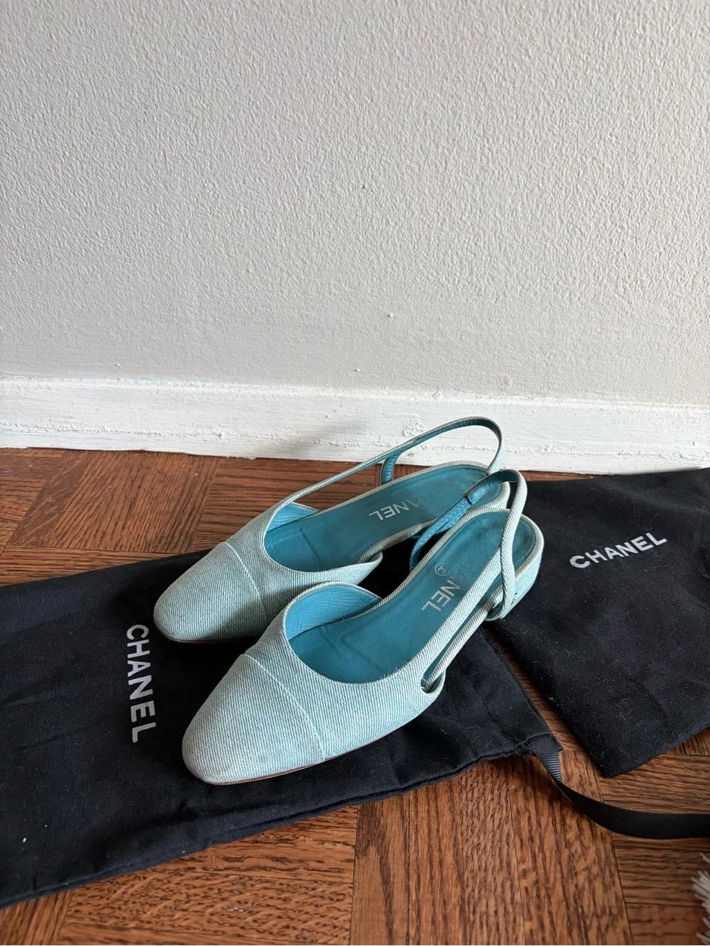 Chanel denim slingback flats mules